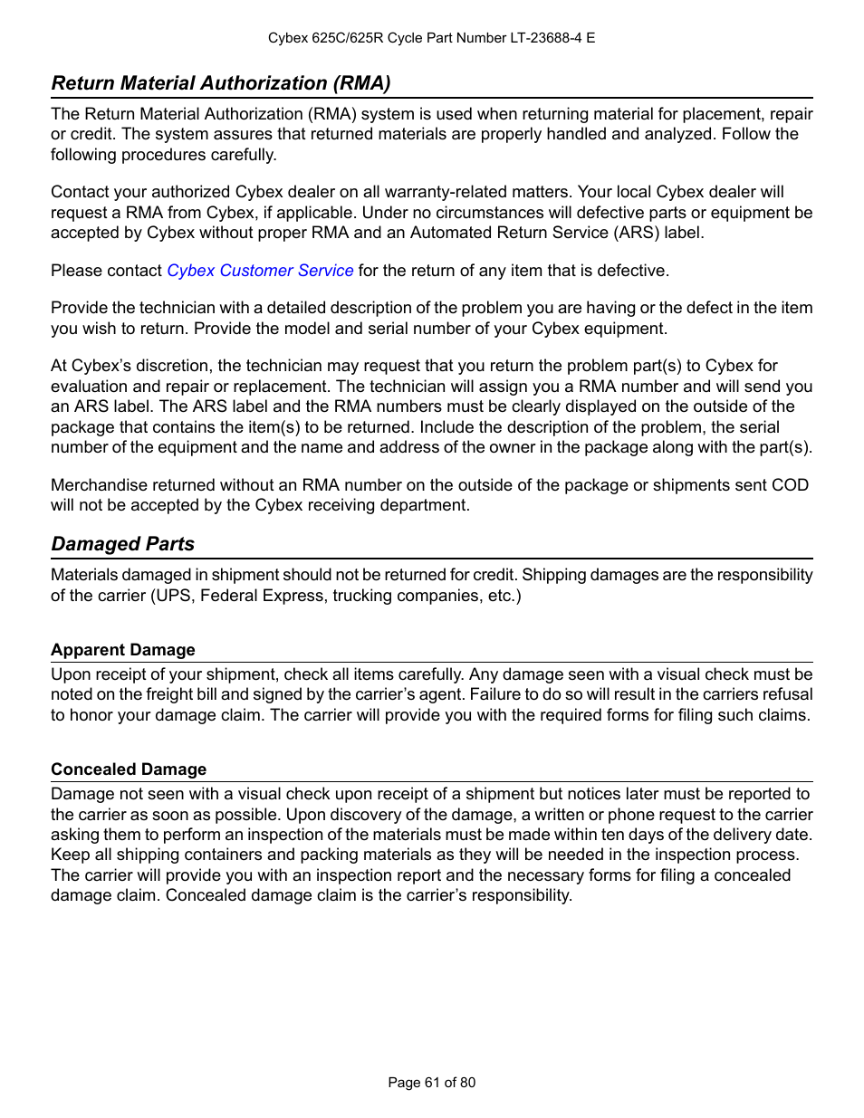 Return material authorization (rma), Damaged parts, Apparent damage | Concealed damage | Cybex 625C Cycle Bike User Manual | Page 61 / 80