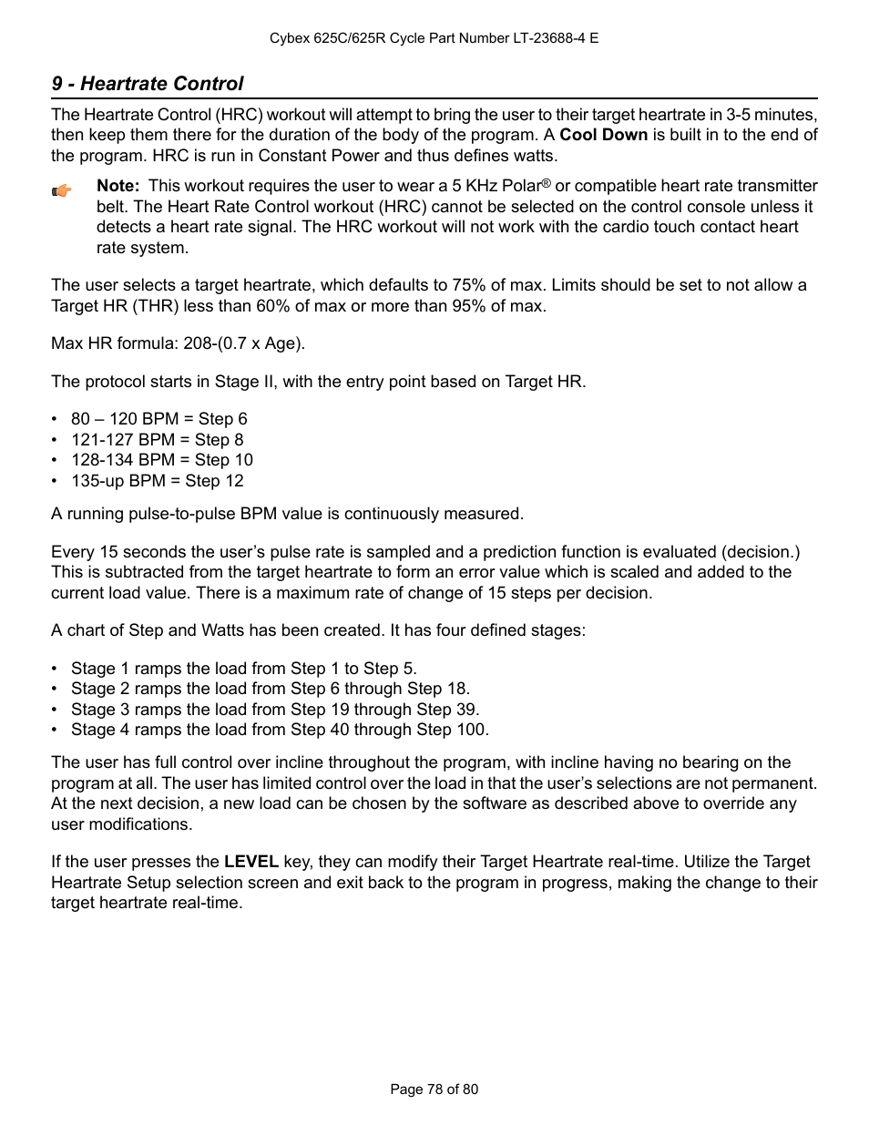 9 - heartrate control | Cybex 625C Cycle Bike User Manual | Page 78 / 80