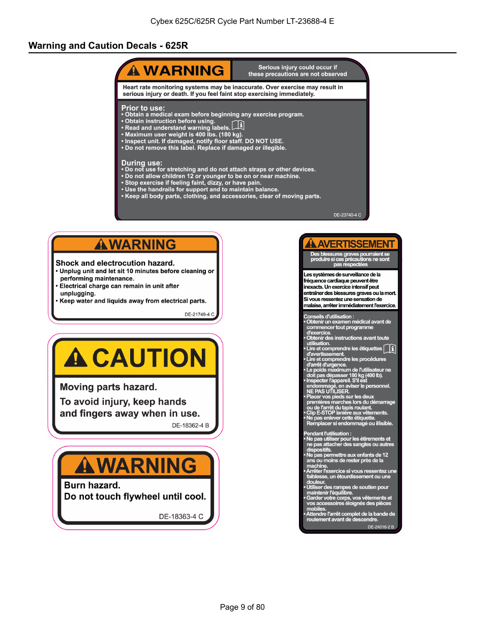 Warning and caution decals - 625r | Cybex 625C Cycle Bike User Manual | Page 9 / 80