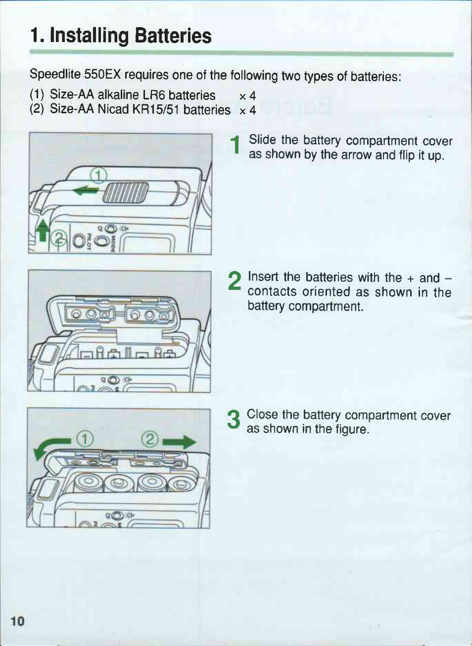 Installing batteries | Canon 550EX User Manual | Page 10 / 128