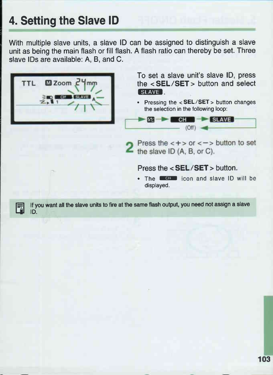 Setting the slave id, Sel/set, Bhaa | Eesa | Canon 550EX User Manual | Page 103 / 128