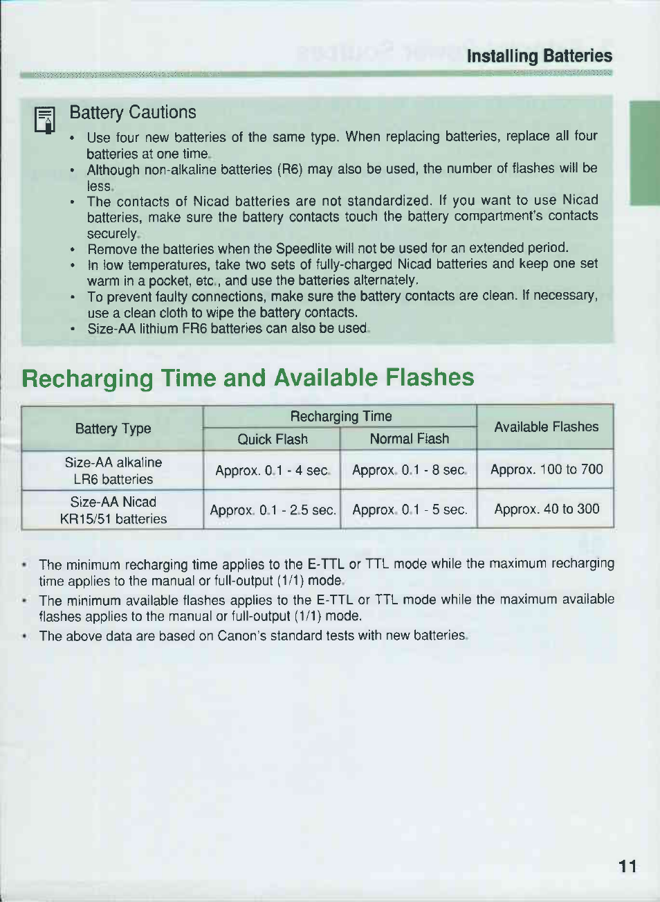 Recharging time and available flashes, Battery cautions | Canon 550EX User Manual | Page 11 / 128