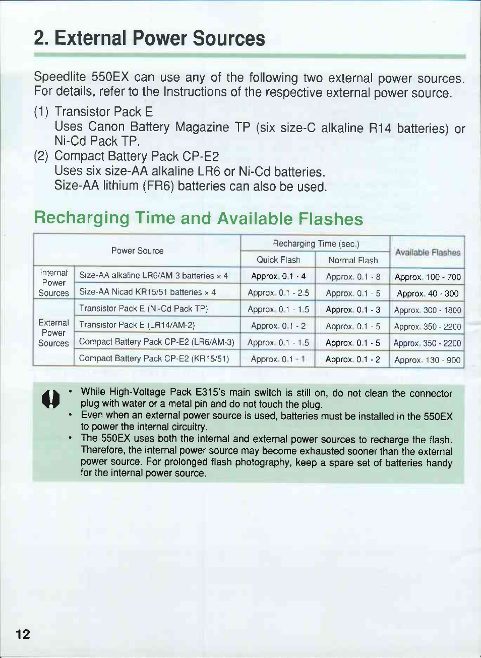 External power sources, Recharging time and available flashes | Canon 550EX User Manual | Page 12 / 128