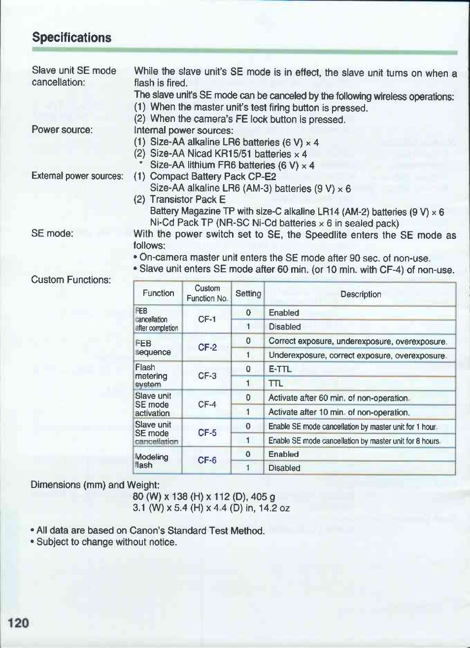 Specifications, Slave unit se mode cancellation, Dimensions (mm) and weight: 80 (w) | 138 (h), 4 (h) | Canon 550EX User Manual | Page 120 / 128