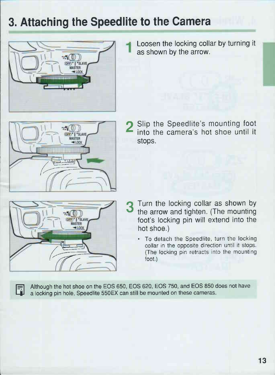 Attaching the speedlite to the camera | Canon 550EX User Manual | Page 13 / 128