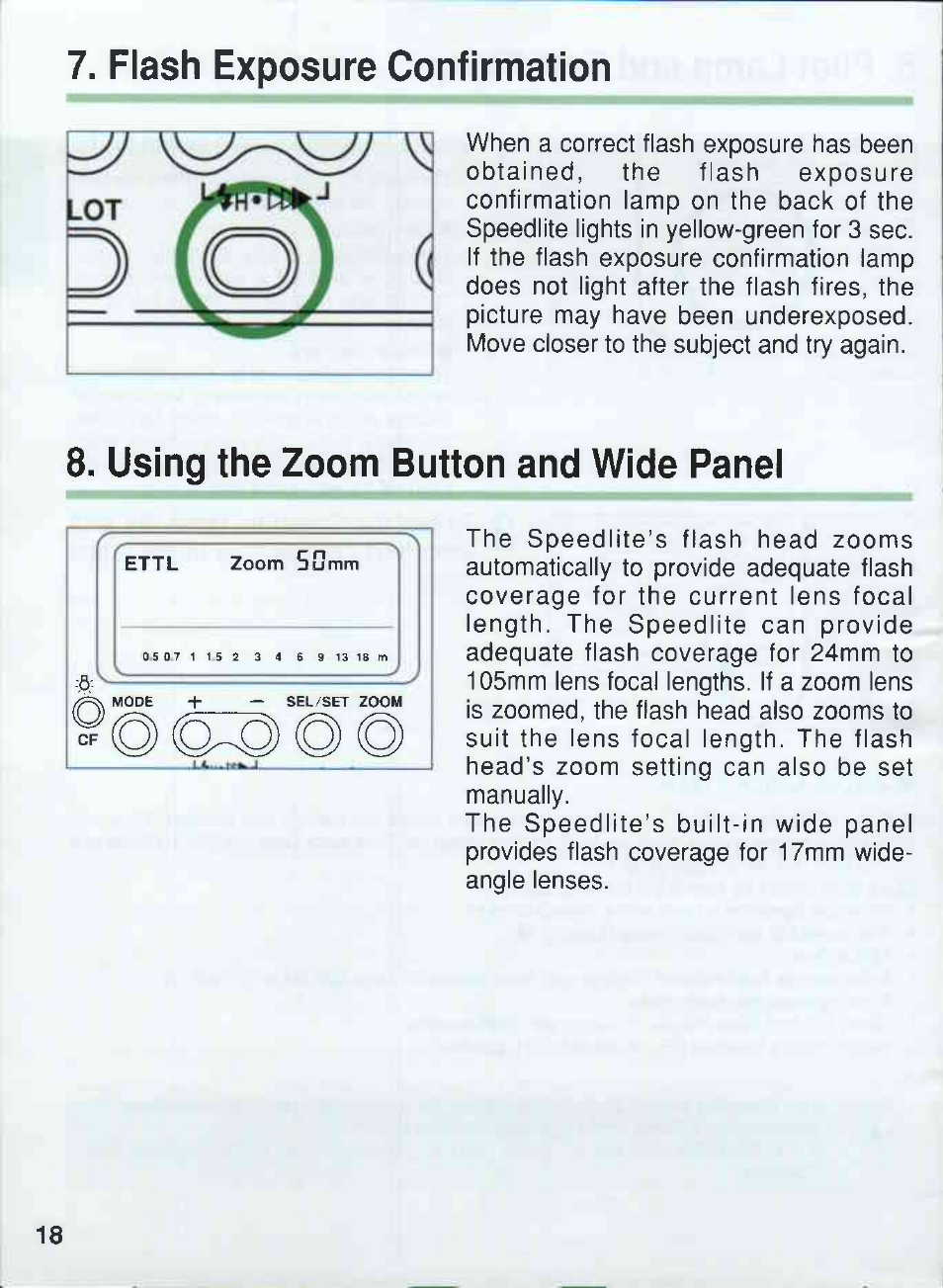 Flash exposure confirmation, Using the zoom button and wide panel | Canon 550EX User Manual | Page 18 / 128