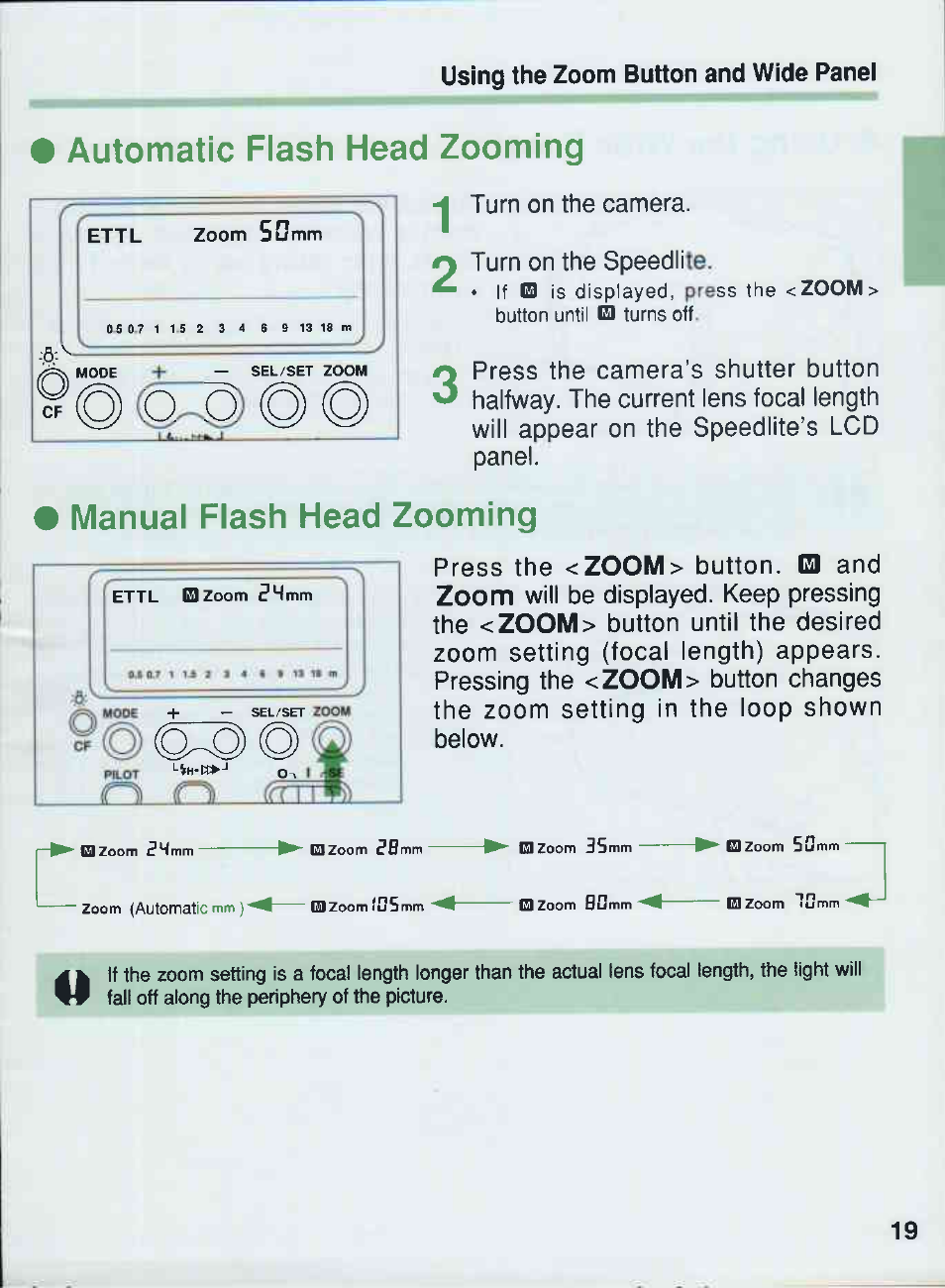 Automatic flash head zooming, Manual flash head zooming | Canon 550EX User Manual | Page 19 / 128