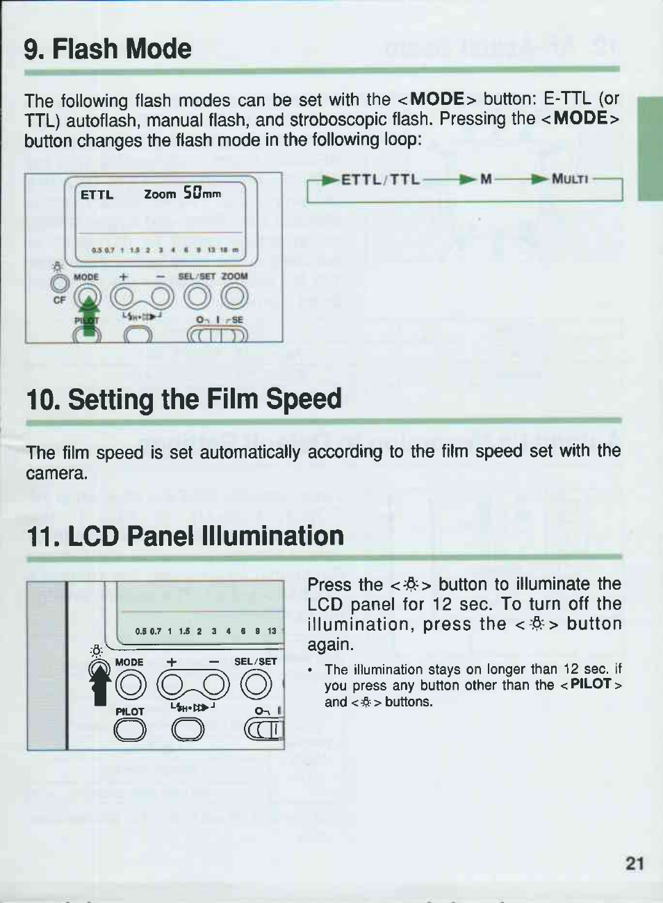 Setting the film speed, Lcd panel illumination, Flash mode | Canon 550EX User Manual | Page 21 / 128