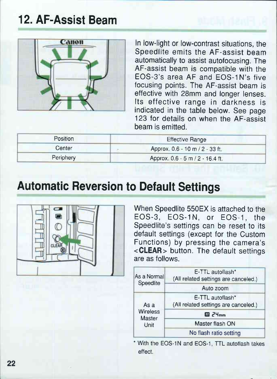 Af-assist beam, Automatic reversion to defauit settings | Canon 550EX User Manual | Page 22 / 128