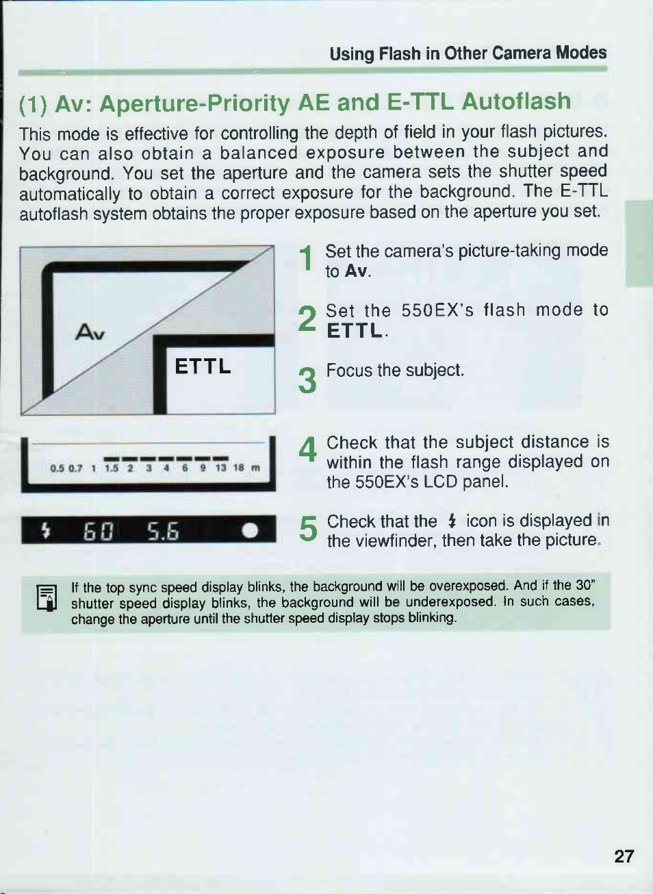 1) av: aperture-priority ae and e-ttl autoflash, Ettl | Canon 550EX User Manual | Page 27 / 128