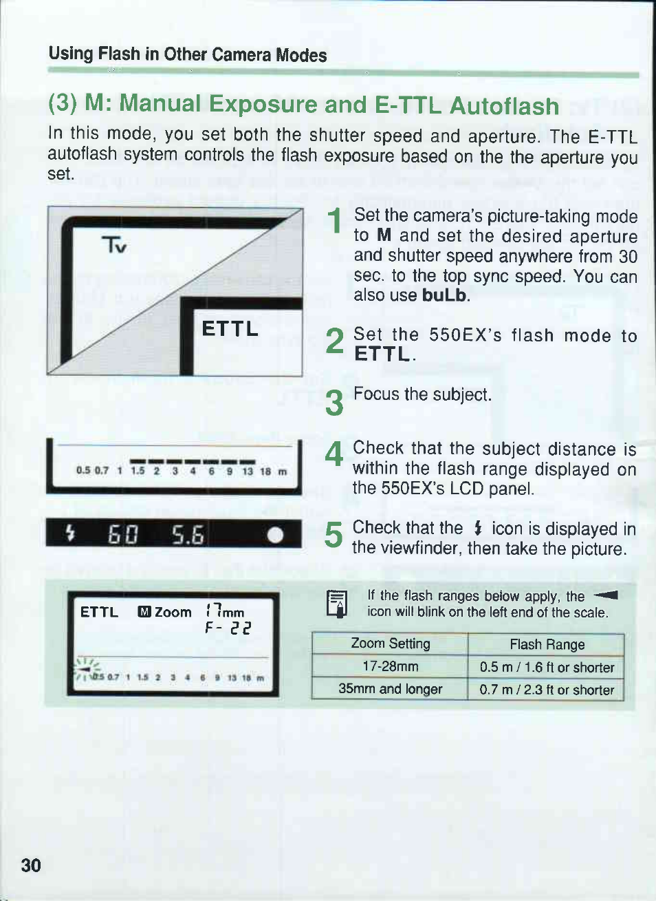 3) m: manual exposure and e-ttl autoflash, Ettl | Canon 550EX User Manual | Page 30 / 128