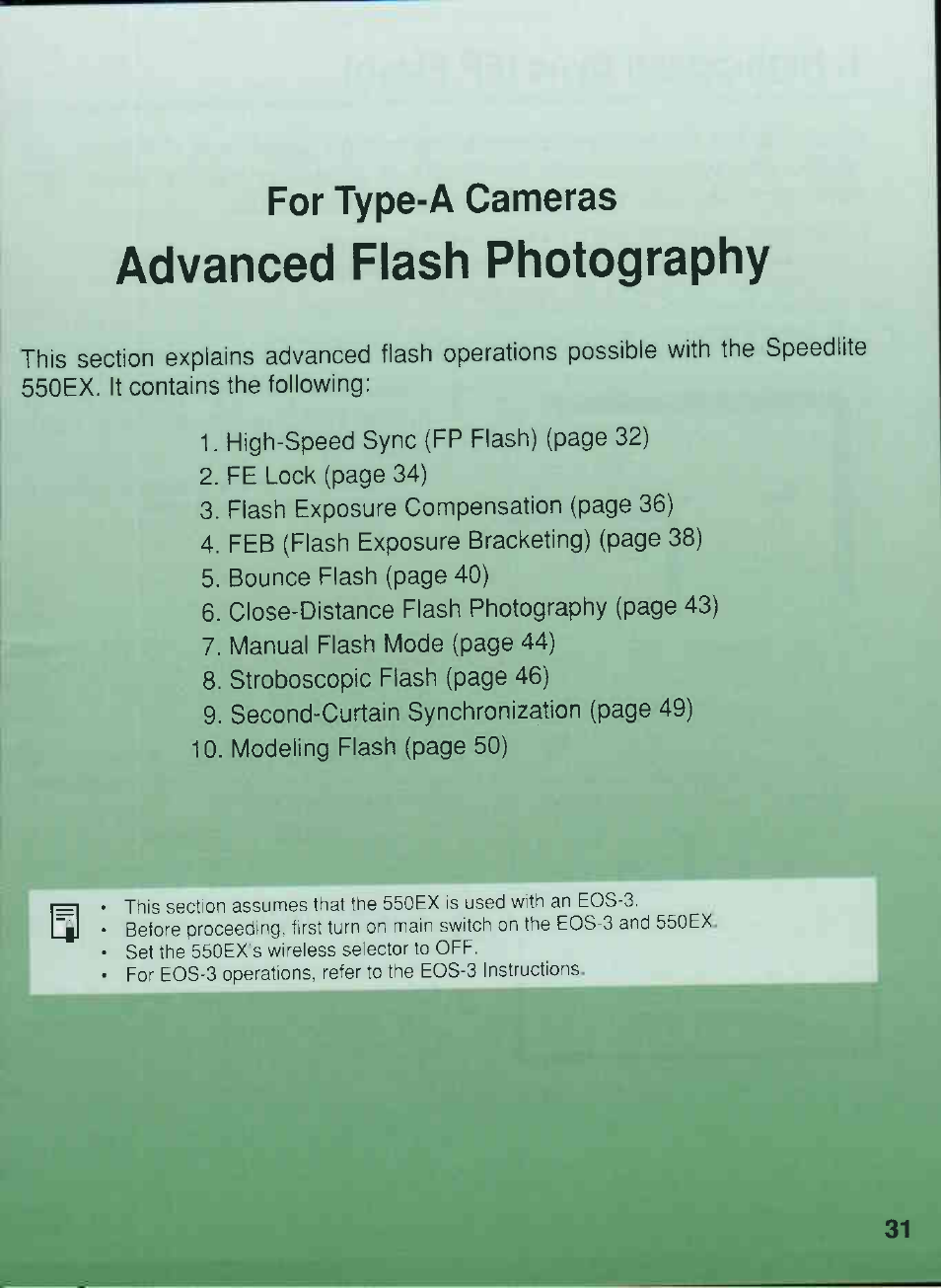 For type-a cameras, Advanced flash photography | Canon 550EX User Manual | Page 31 / 128