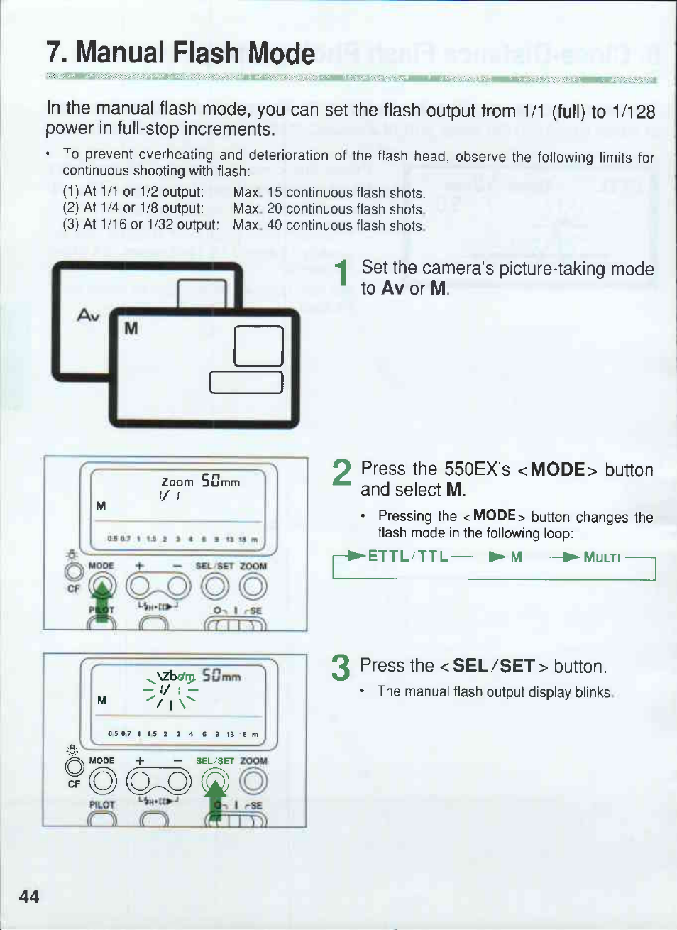 Manual flash mode, 2 press the <sel/set> button | Canon 550EX User Manual | Page 44 / 128