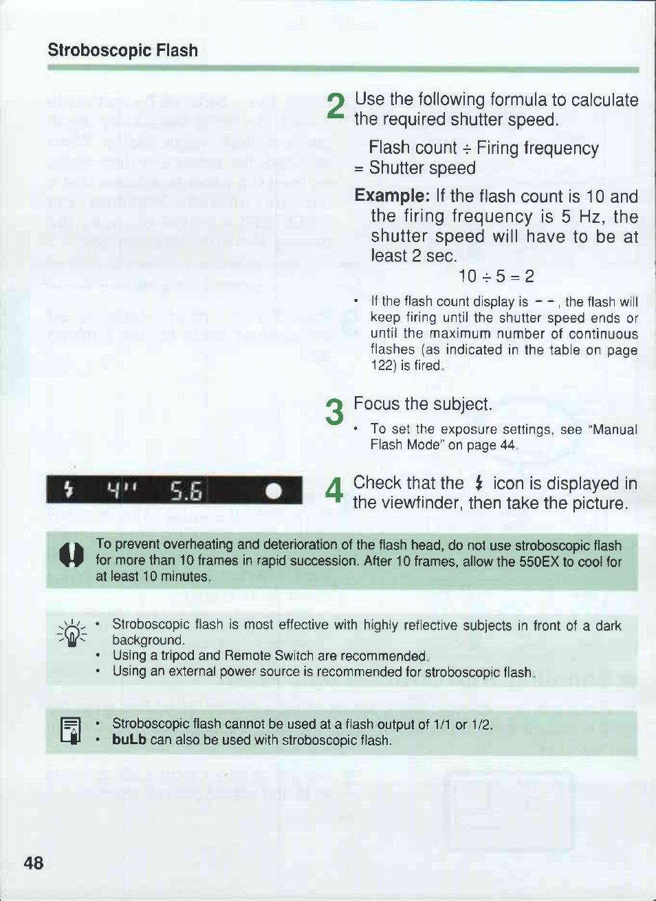 Sec. 1 0 - 5 = 2, Focus the subject | Canon 550EX User Manual | Page 48 / 128