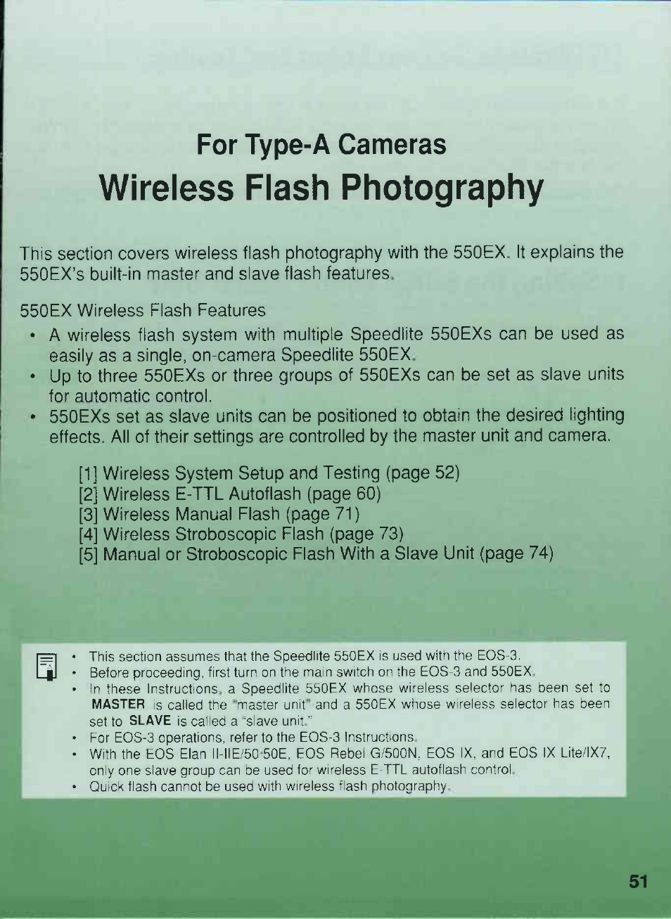 For type-a cameras, Wireless flash photography | Canon 550EX User Manual | Page 51 / 128