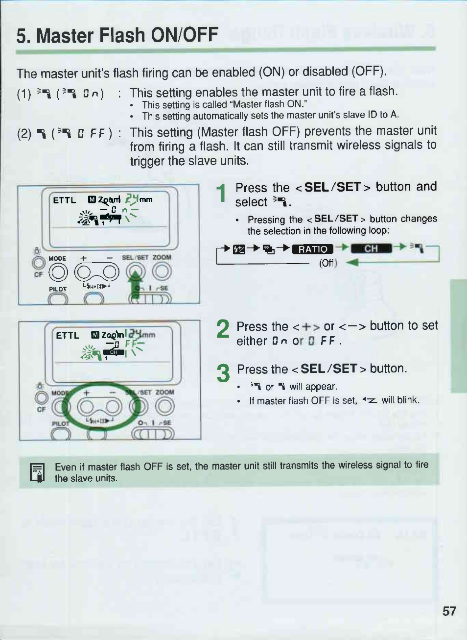 Master flash on/off, Yûissi, H press the <sel/set > button and ’ select | Canon 550EX User Manual | Page 57 / 128