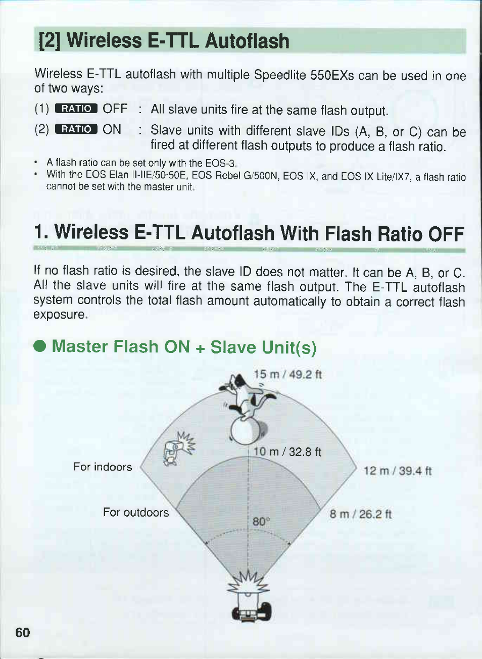 Wireless e-ttl autoflash with flash ratio off, 2] wireless e-ttl autoflash, Master flash on -i- slave unit(s) | Canon 550EX User Manual | Page 60 / 128