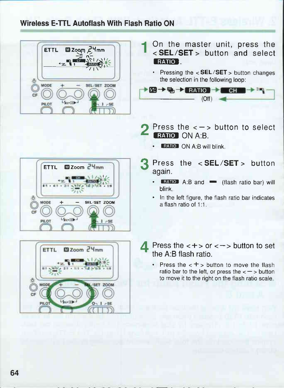 Press the <-> button to select on a:b, O o q press the < sel/set > button again | Canon 550EX User Manual | Page 64 / 128