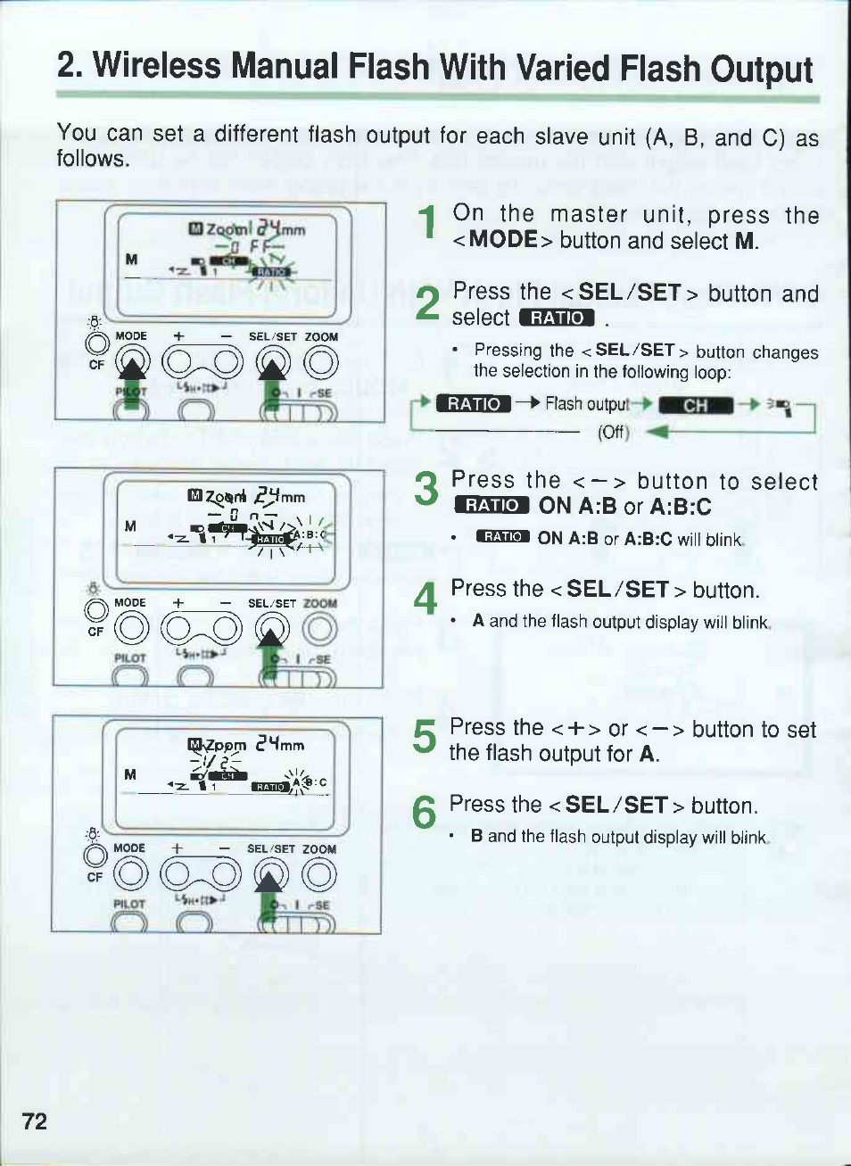 Wireless manual flash with varied flash output, E r a, Tra press the <-> button to select on a:bora:b:c | Press the < sel/set > button | Canon 550EX User Manual | Page 72 / 128