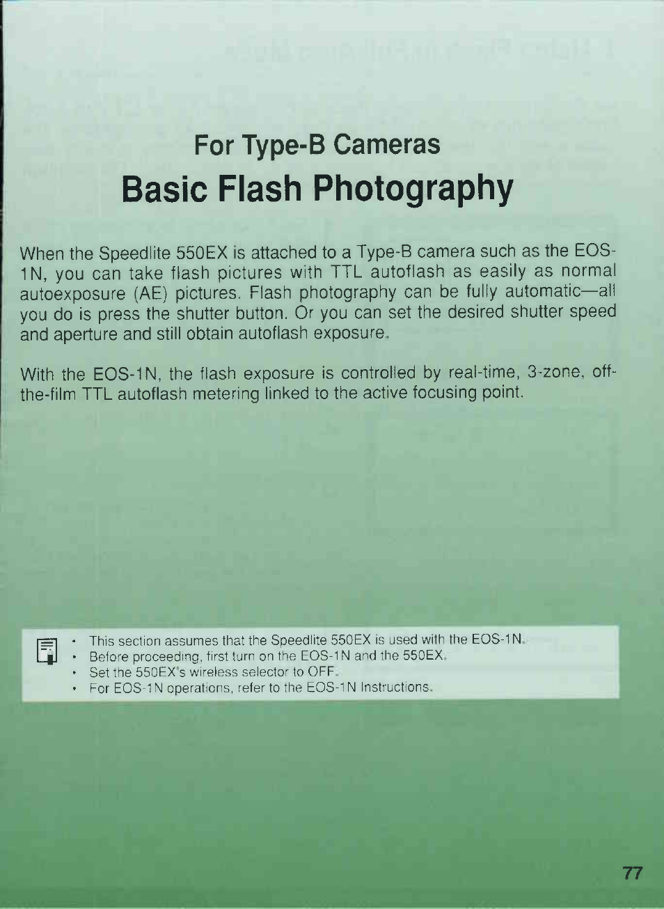 For type-b cameras, Basic flash photography | Canon 550EX User Manual | Page 77 / 128