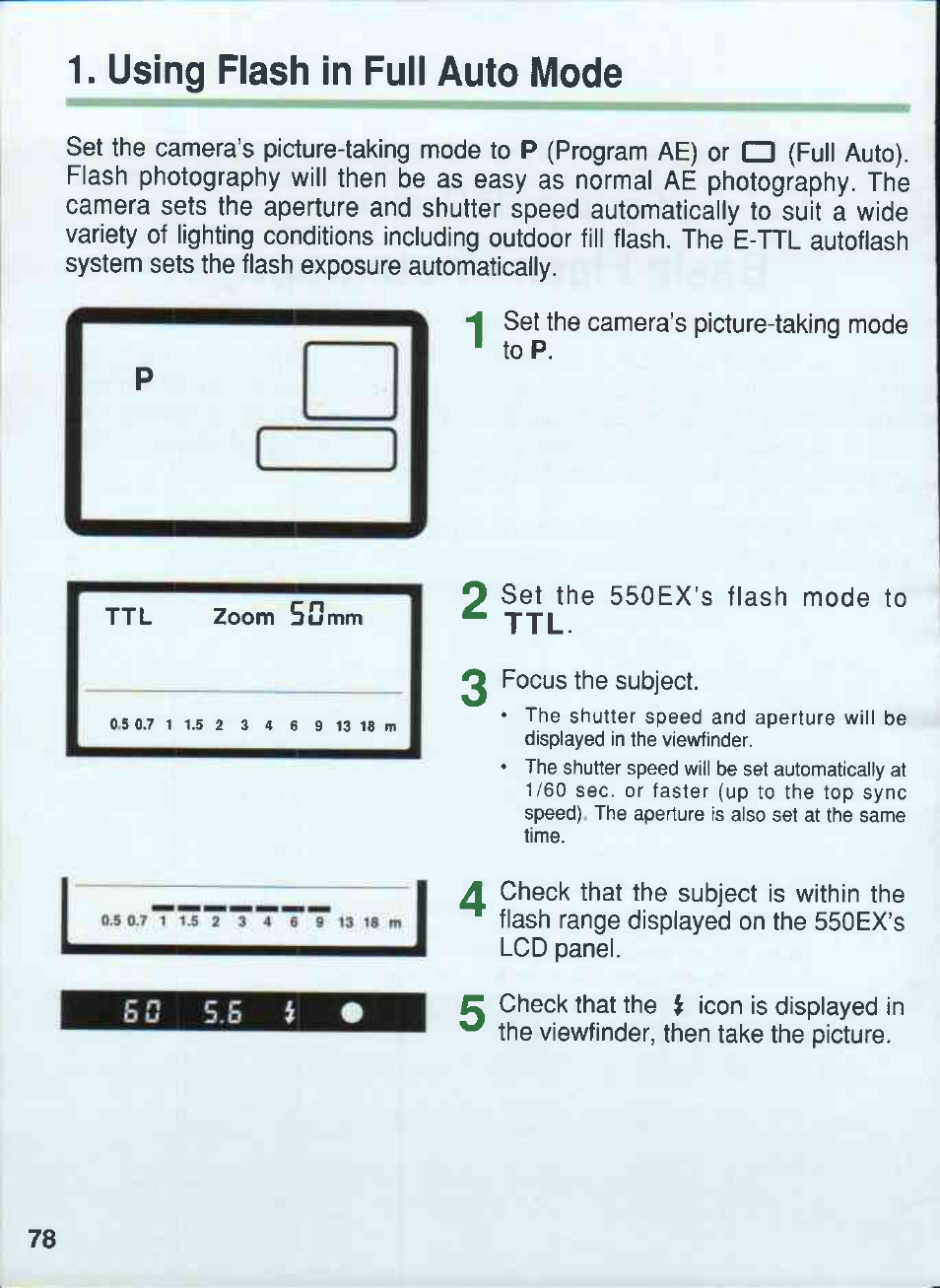 Using flash in full auto mode, So 5.5 i, T t l | Set the camera’s picture-taking mode to, Set the camera’s picture-taking mode ' top, O set the 550ex’s flash mode to, 0 focus the subject, Icon is displayed in, The viewfinder, then take the picture | Canon 550EX User Manual | Page 78 / 128