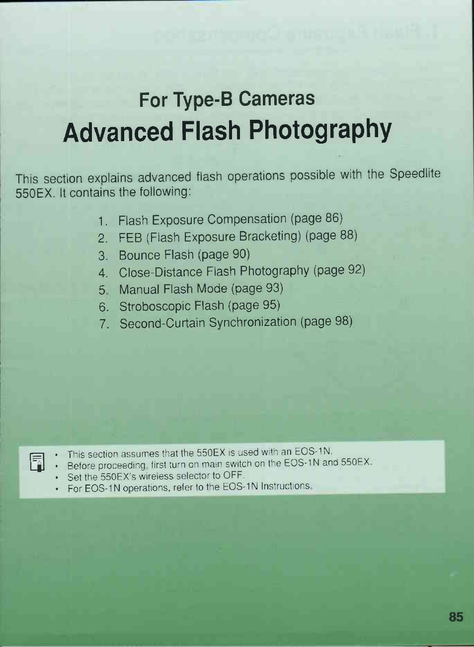 For type-b cameras, Advanced flash photography | Canon 550EX User Manual | Page 85 / 128