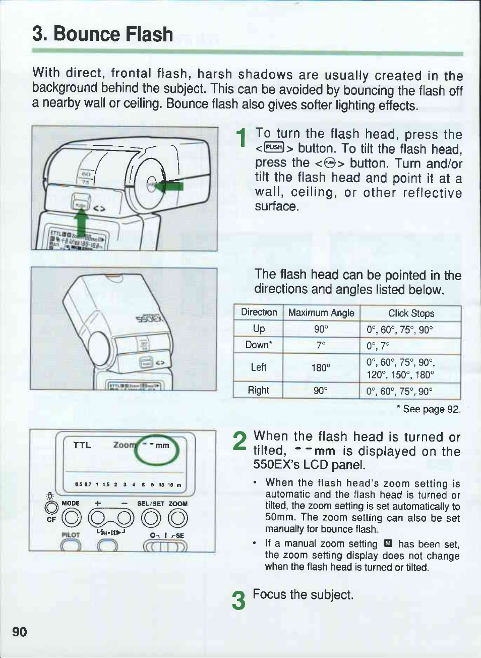 Bounce flash, О г1______ гсптта, Focus the subject | Canon 550EX User Manual | Page 90 / 128