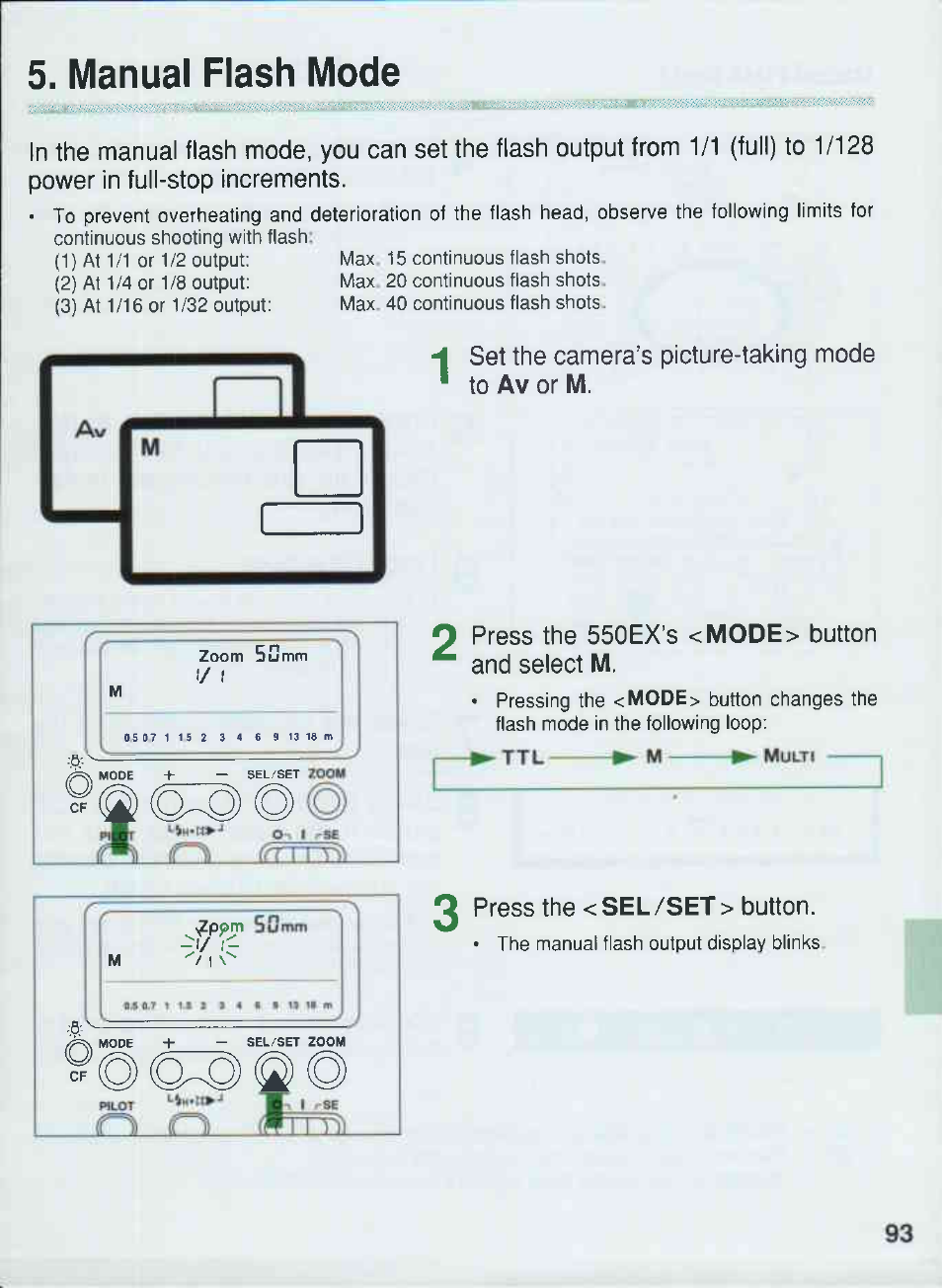 Manual flash mode, 0 press the <sel/set > button | Canon 550EX User Manual | Page 93 / 128