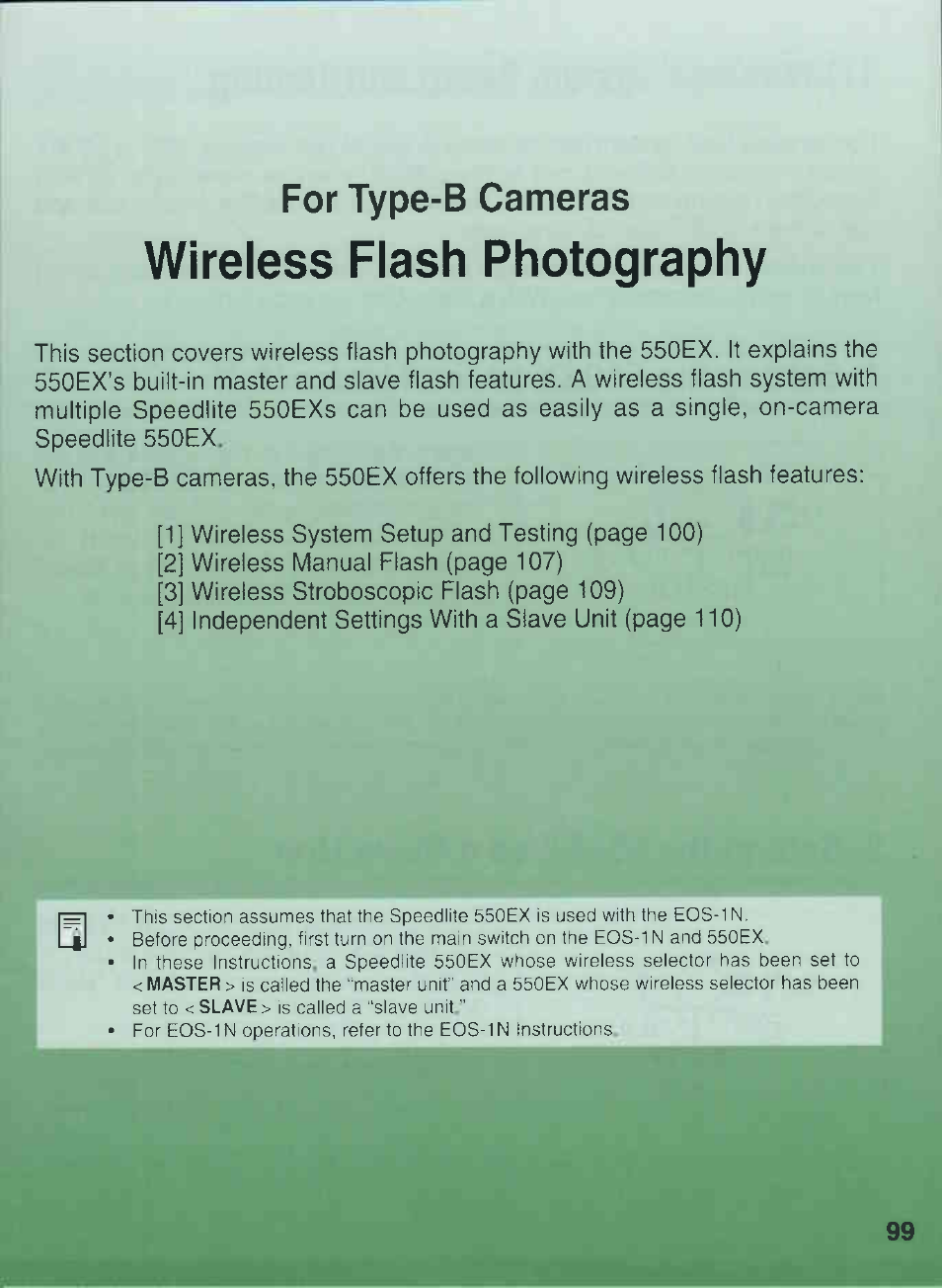 For type-b cameras, Wireless flash photography | Canon 550EX User Manual | Page 99 / 128