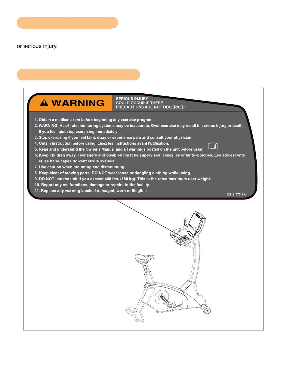 Warning and caution decals, Warning and caution decals - 750c, Warning label, 750c english | Cybex 750C Cycle Bike User Manual | Page 12 / 58