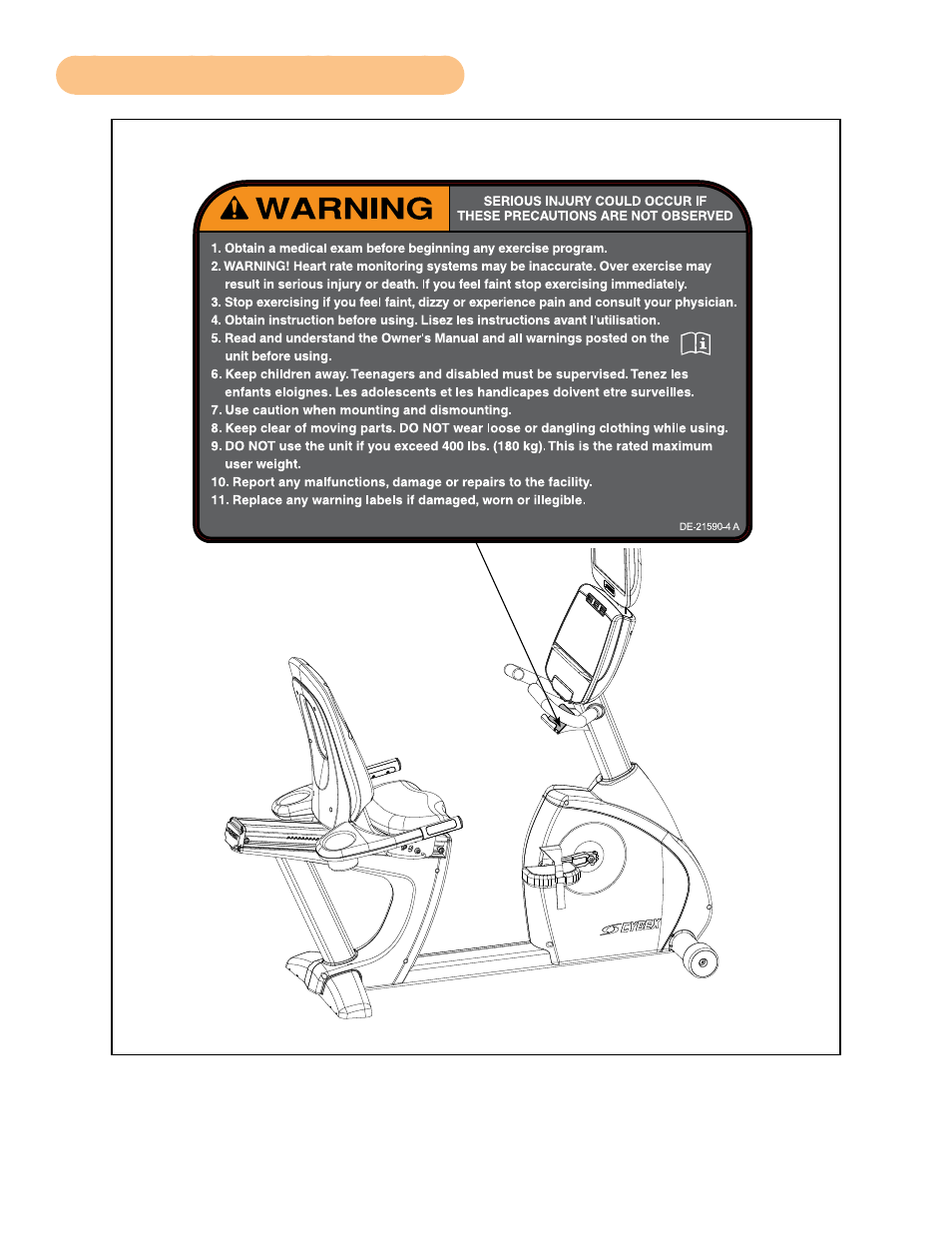 Warning and caution decals - 750r, Label, warning, 750r english | Cybex 750C Cycle Bike User Manual | Page 15 / 58