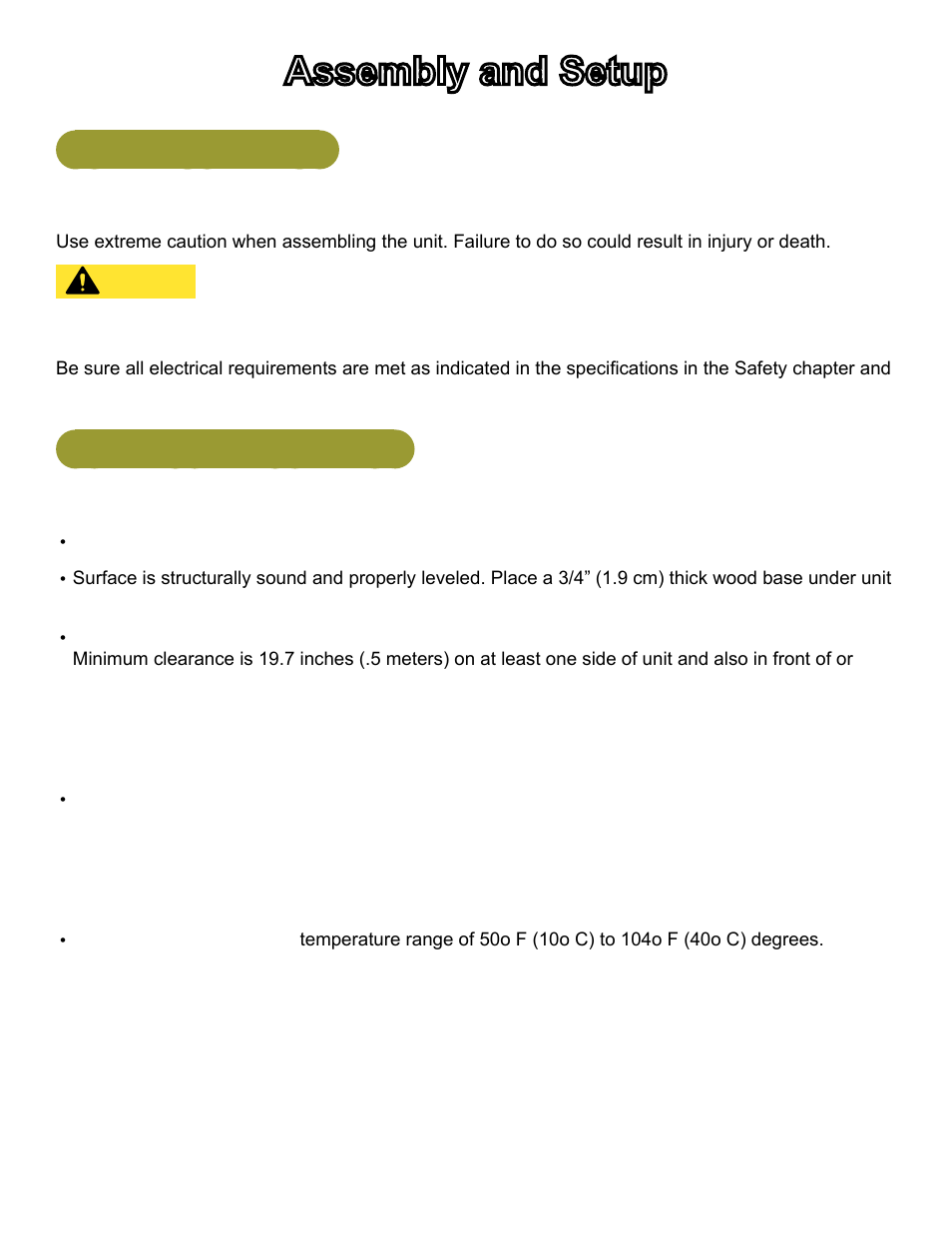 Assembly and setup, Warnings and cautions, Choosing and preparing a site | Cybex 750C Cycle Bike User Manual | Page 19 / 58