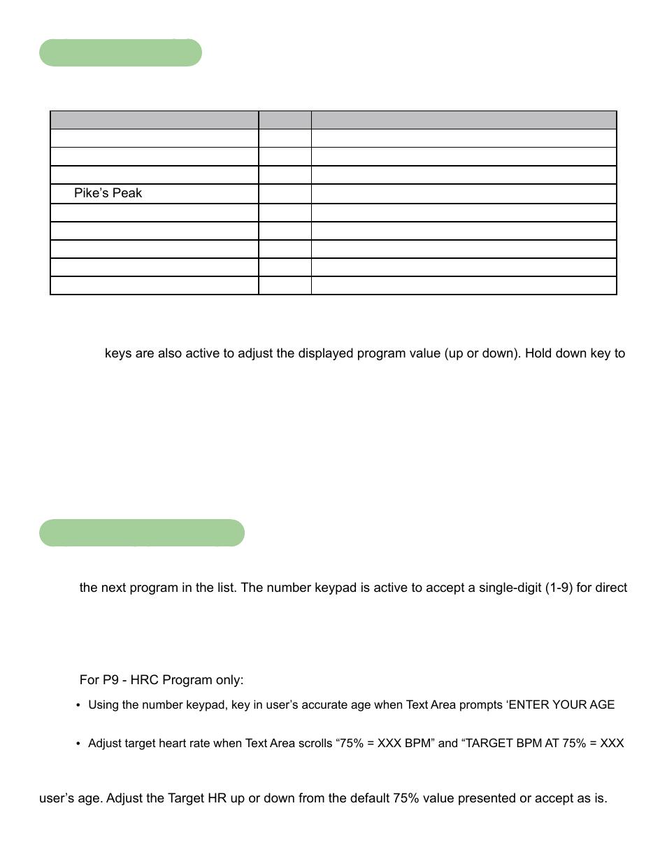 Program selection, Programs p1 – p9 setup | Cybex 750C Cycle Bike User Manual | Page 42 / 58