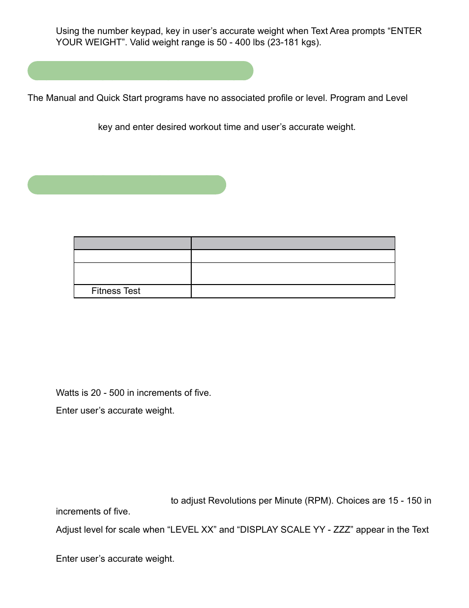 Manual and quick start programs setup, Advanced programs a1 – a3 setup, Manual and quick start programs | Setup | Cybex 750C Cycle Bike User Manual | Page 43 / 58