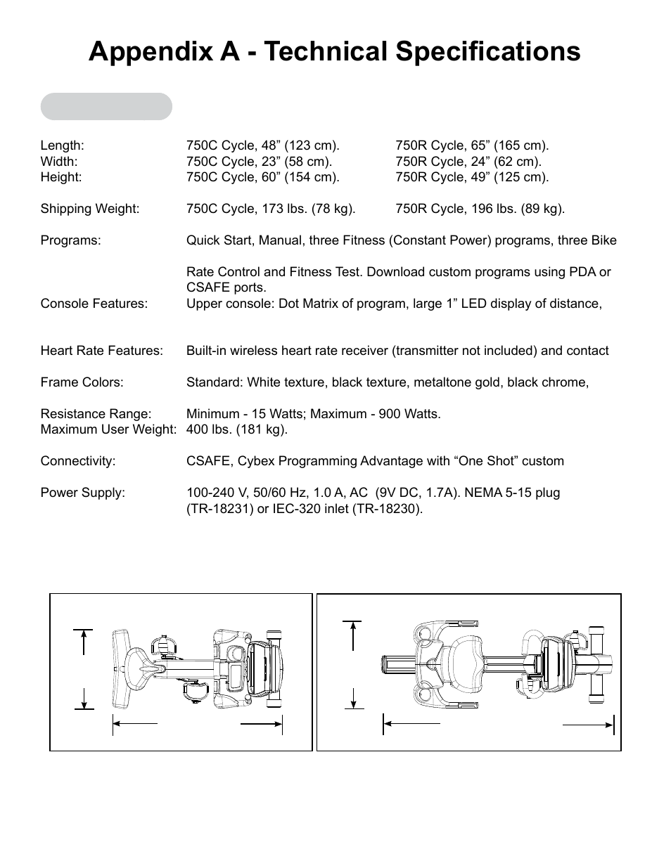 Appendix a - technical specifications, Specifications, Appendix a | Technical specifications | Cybex 750C Cycle Bike User Manual | Page 57 / 58
