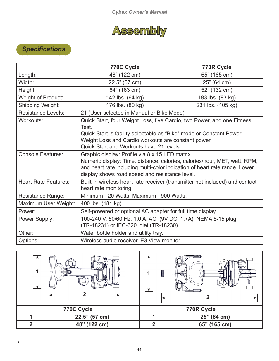 Assembly, Specifications | Cybex 770C Cycle Bike User Manual | Page 11 / 76