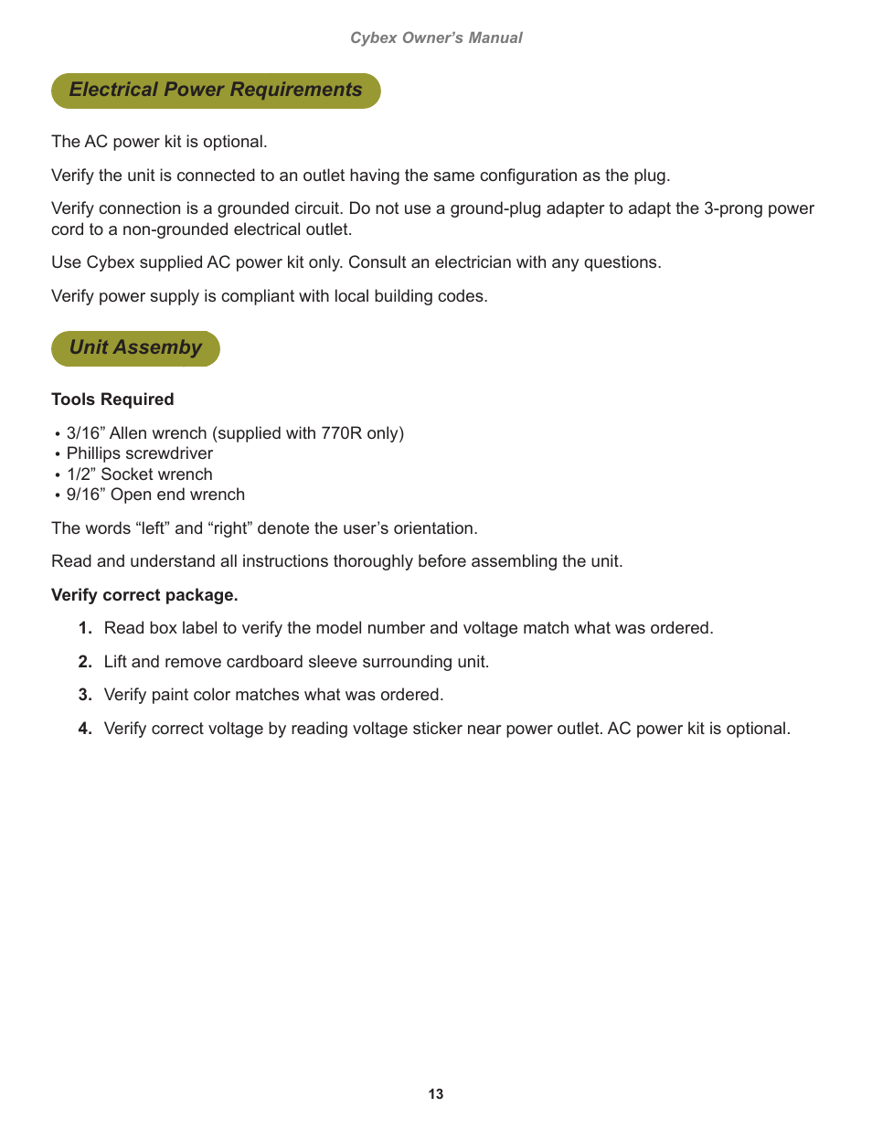 Electrical power requirements, Unit assemby | Cybex 770C Cycle Bike User Manual | Page 13 / 76