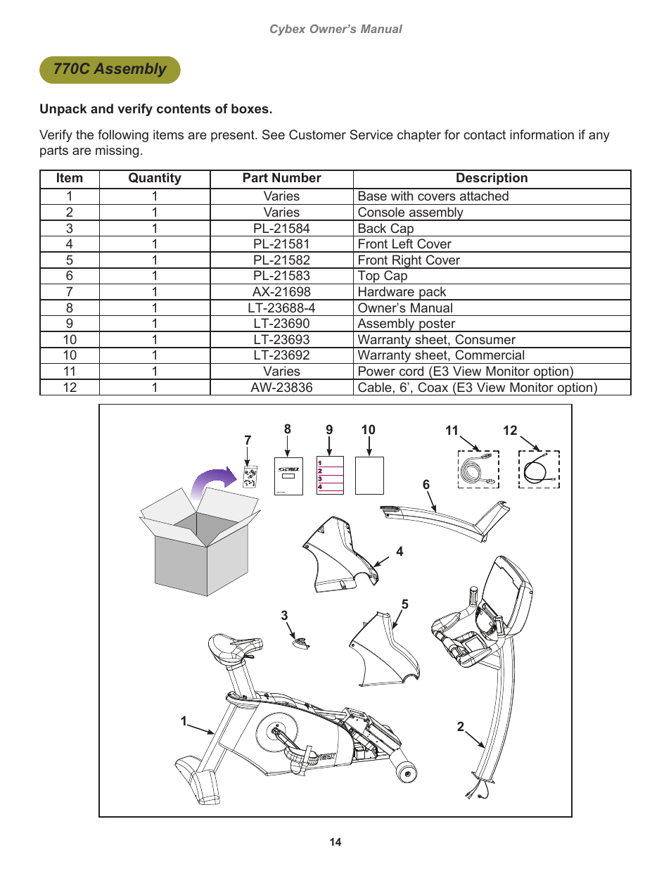 770c assembly | Cybex 770C Cycle Bike User Manual | Page 14 / 76