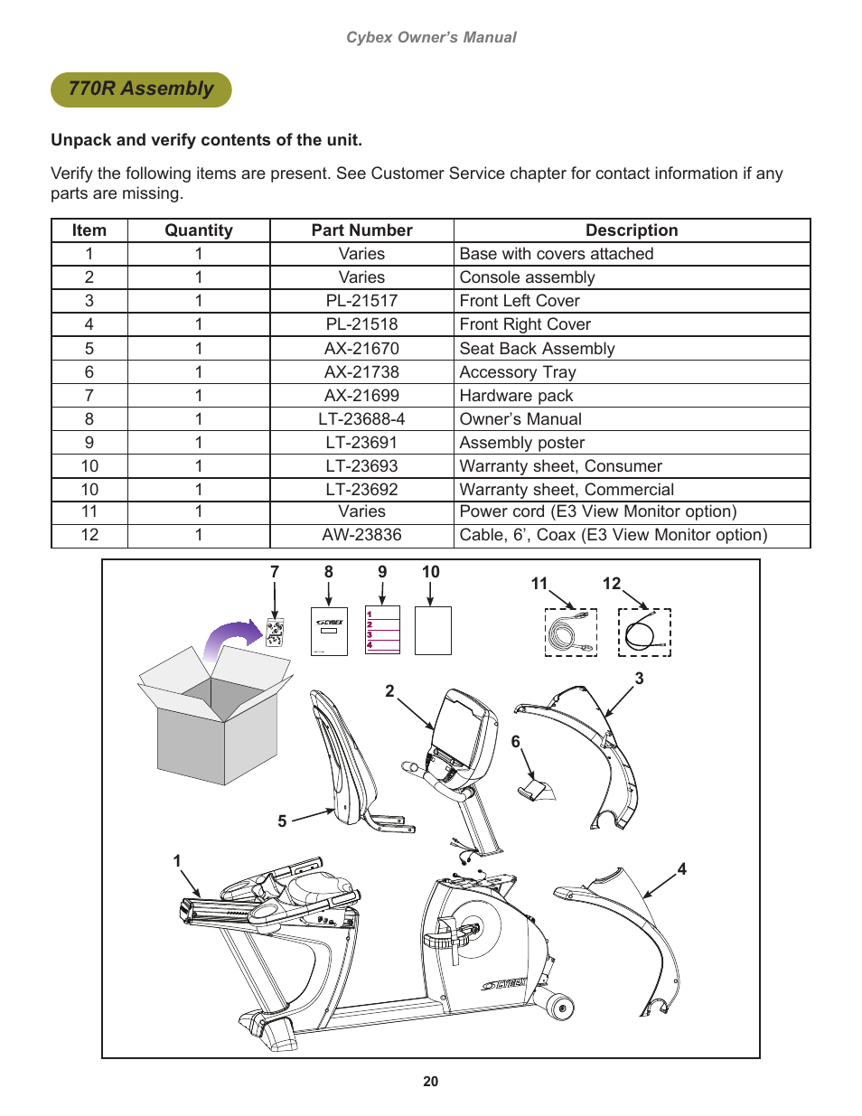 770r assembly | Cybex 770C Cycle Bike User Manual | Page 20 / 76
