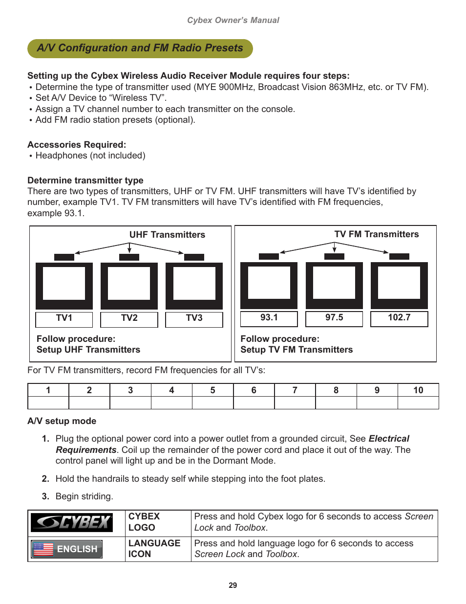A/v configuration and fm radio presets, A/v configuration and fm radio, Presets | Cybex 770C Cycle Bike User Manual | Page 29 / 76