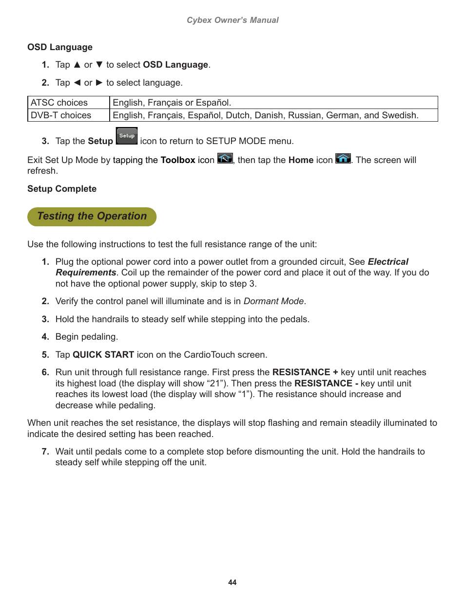 Testing the operation | Cybex 770C Cycle Bike User Manual | Page 44 / 76