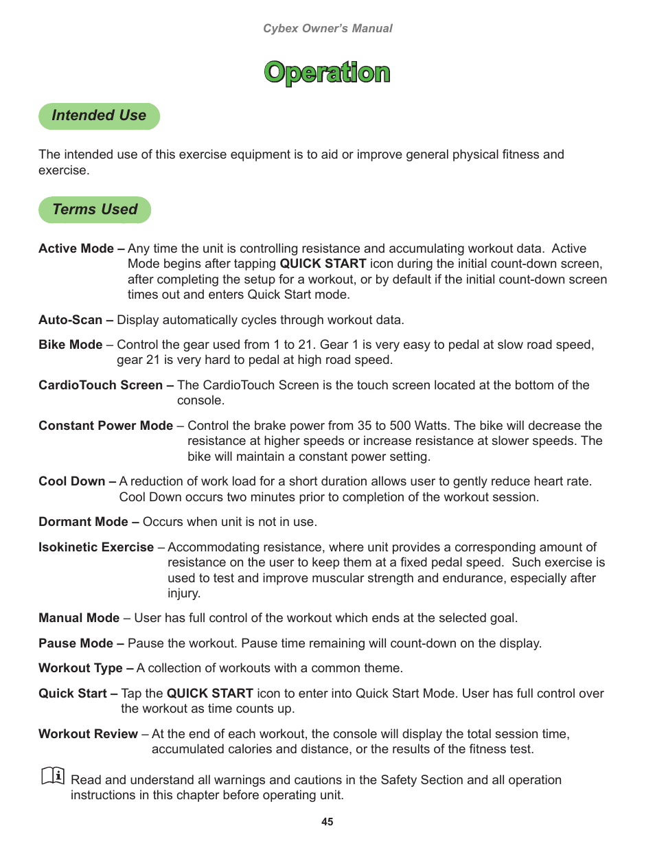 Operation, Intended use, Terms used | Cybex 770C Cycle Bike User Manual | Page 45 / 76