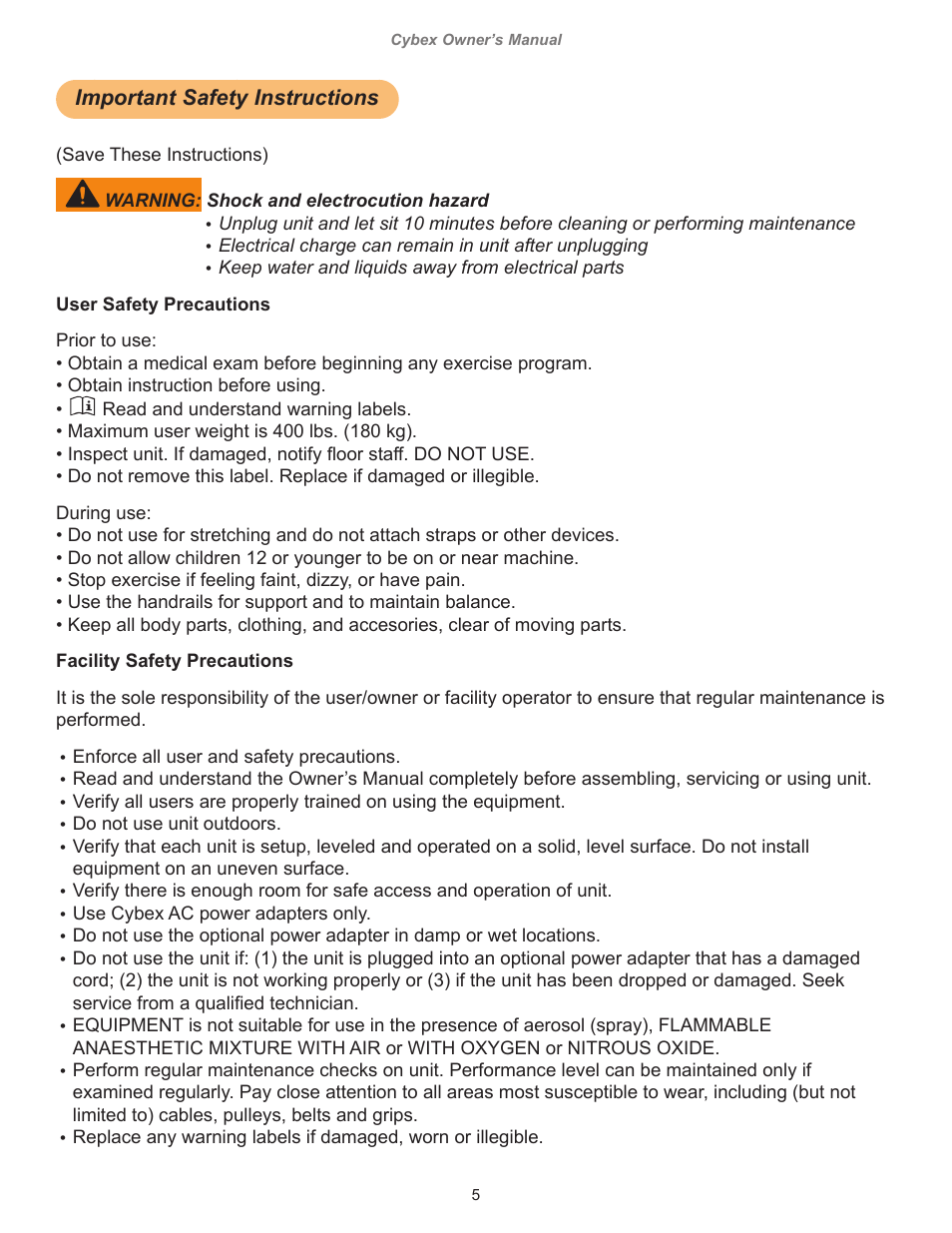 Important safety instructions | Cybex 770C Cycle Bike User Manual | Page 5 / 76