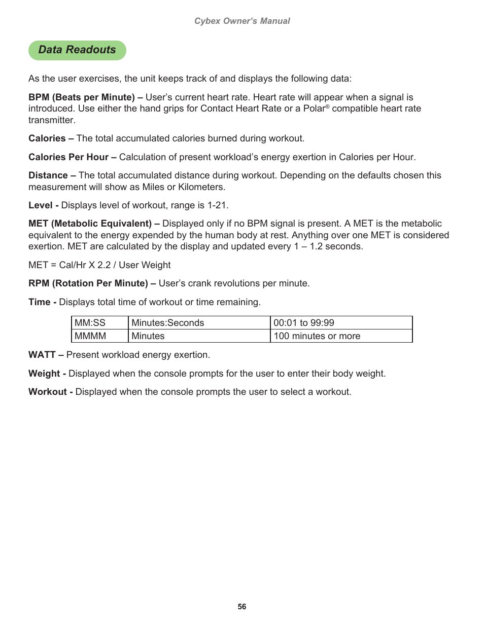Data readouts | Cybex 770C Cycle Bike User Manual | Page 56 / 76