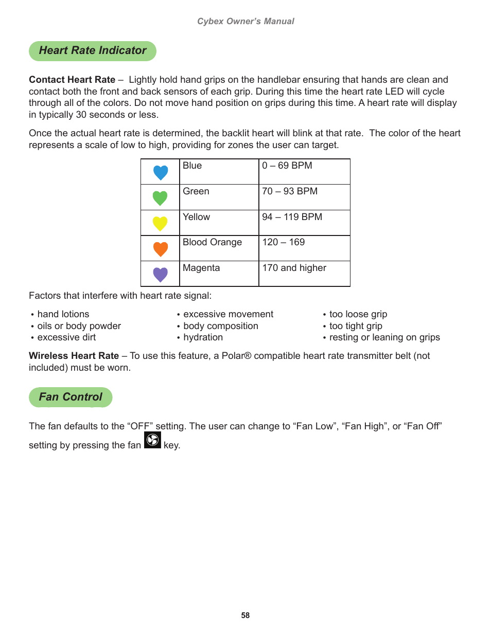 Heart rate indicator, Fan control | Cybex 770C Cycle Bike User Manual | Page 58 / 76