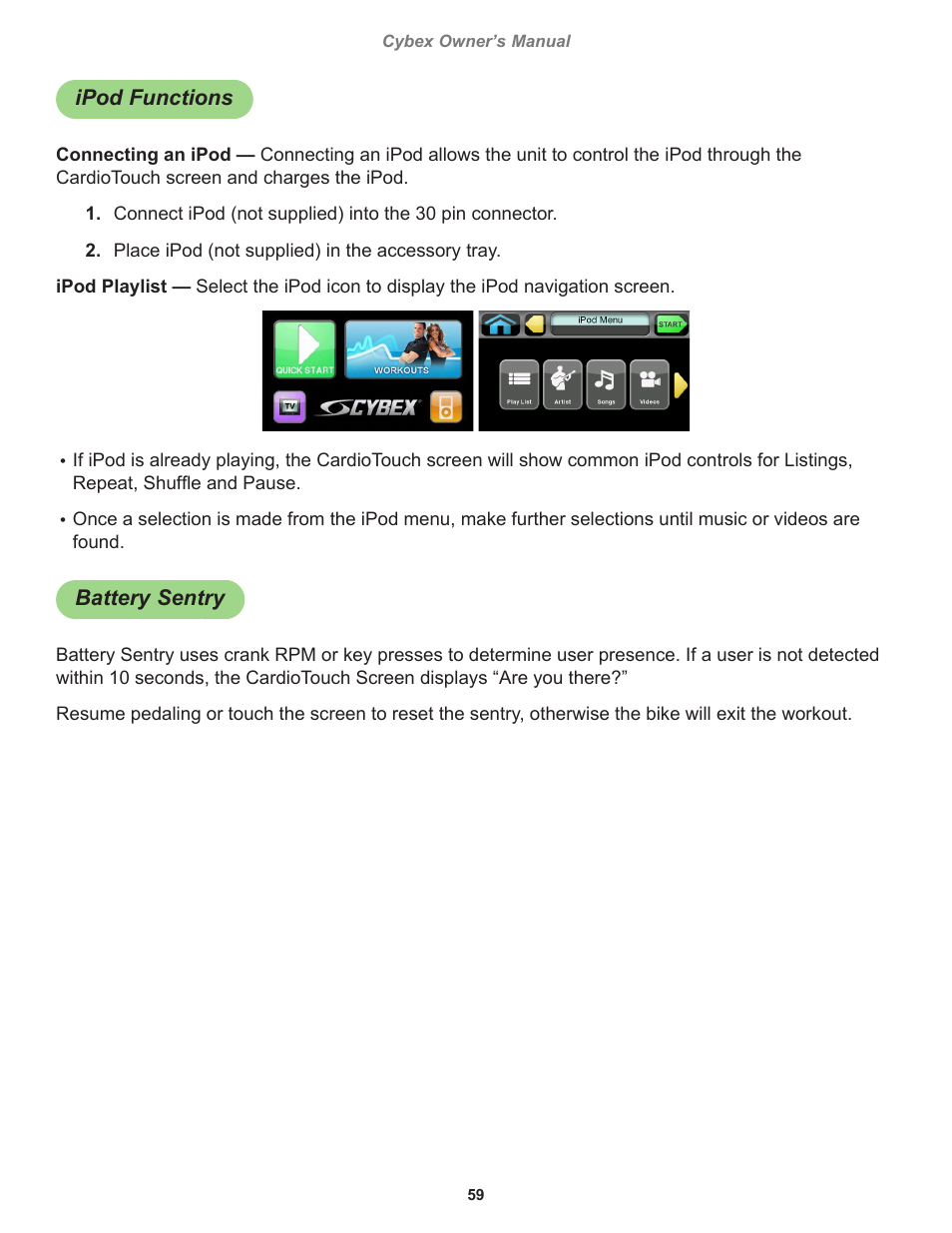 Ipod functions, Battery sentry | Cybex 770C Cycle Bike User Manual | Page 59 / 76