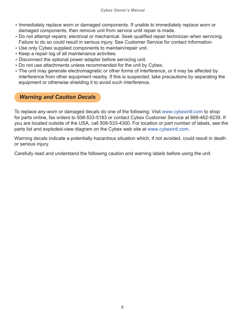Warning and caution decals | Cybex 770C Cycle Bike User Manual | Page 6 / 76
