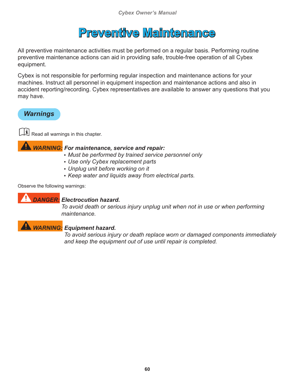 Preventive maintenance, Warnings | Cybex 770C Cycle Bike User Manual | Page 60 / 76