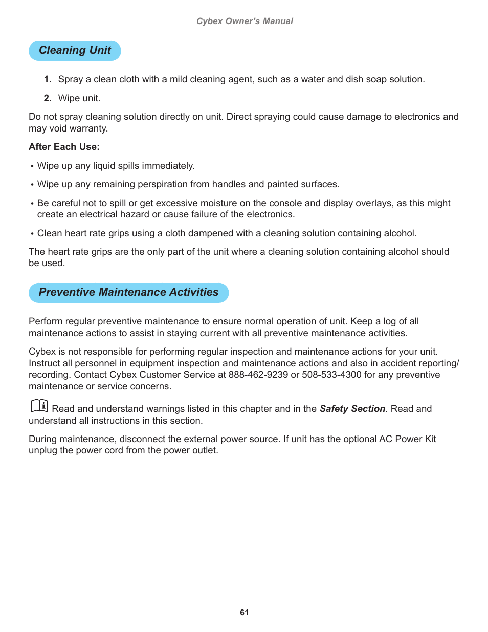 Cleaning unit, Preventive maintenance activities | Cybex 770C Cycle Bike User Manual | Page 61 / 76