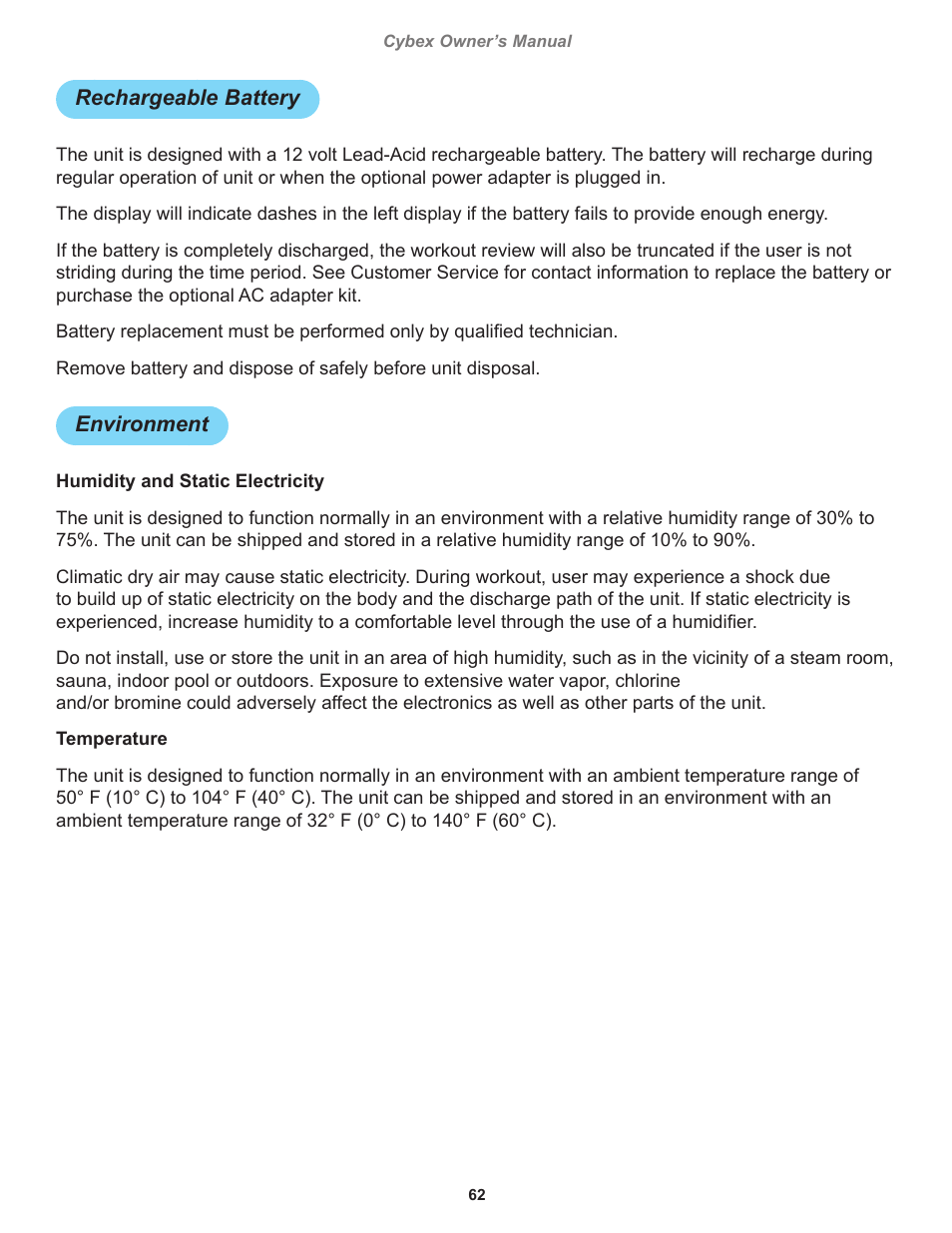 Rechargeable battery, Environment | Cybex 770C Cycle Bike User Manual | Page 62 / 76